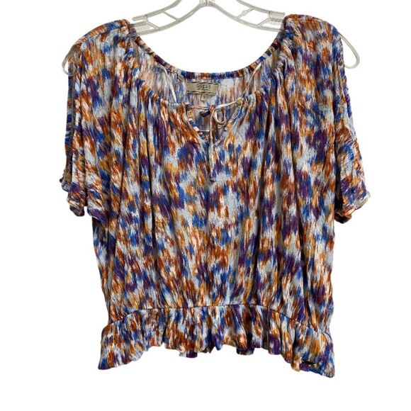 Guess Women's Cold Shoulder Top Size S Ruffle Elastic Waist Tie Neck Y2K Artsy - Picture 1 of 14